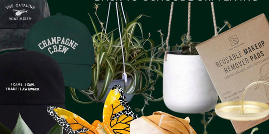 a collage of items for gift giving ideas from hats to plants in planters and plants in hanging planters and reusable make up remover pads and jewelry trays