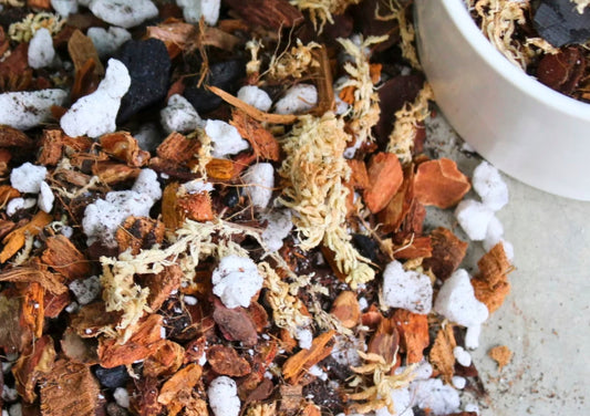 a picture of Maya growing mediums potting mix for houseplants with chunky pieces of pine bark, perlite, sphagnum moss and coco coir in it