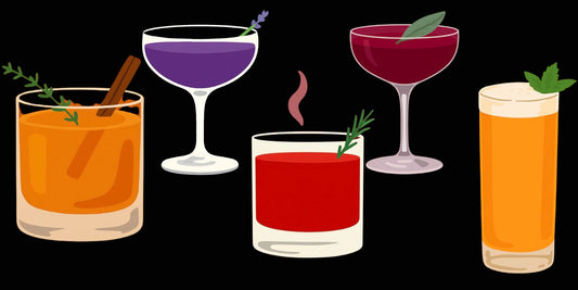 5 different colourful beverages in different shaped cups with herb garnishes