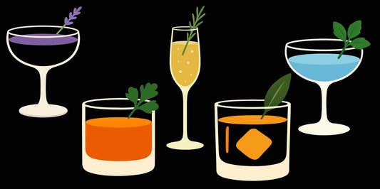 5 simple drawn cocktails with bright colours and fresh herbs