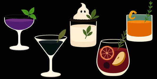 BLACK BACKGROUND WITH 5 BRIGHTLY COLOURED COCKTAILS WITH HERBS IN EACH