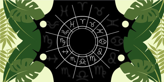 zodiac chart on black background with green leafy border