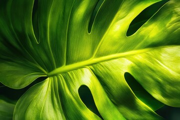 a monstera deliciosa leaf close up with bright green color and fenestration