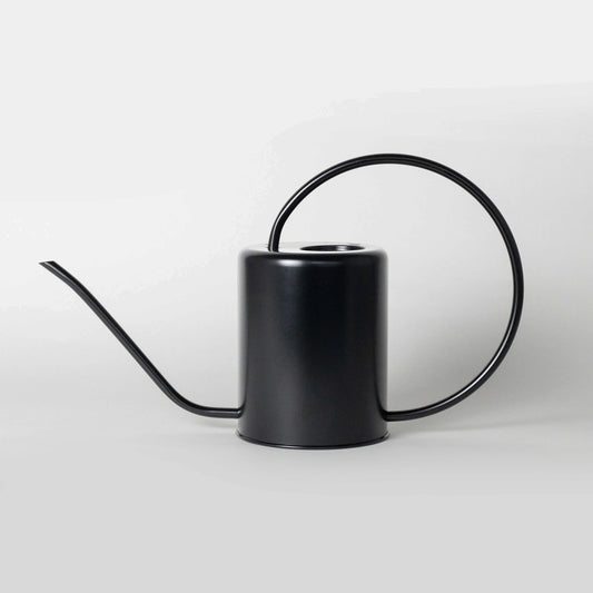 Matte black metal watering can with long spout on white background