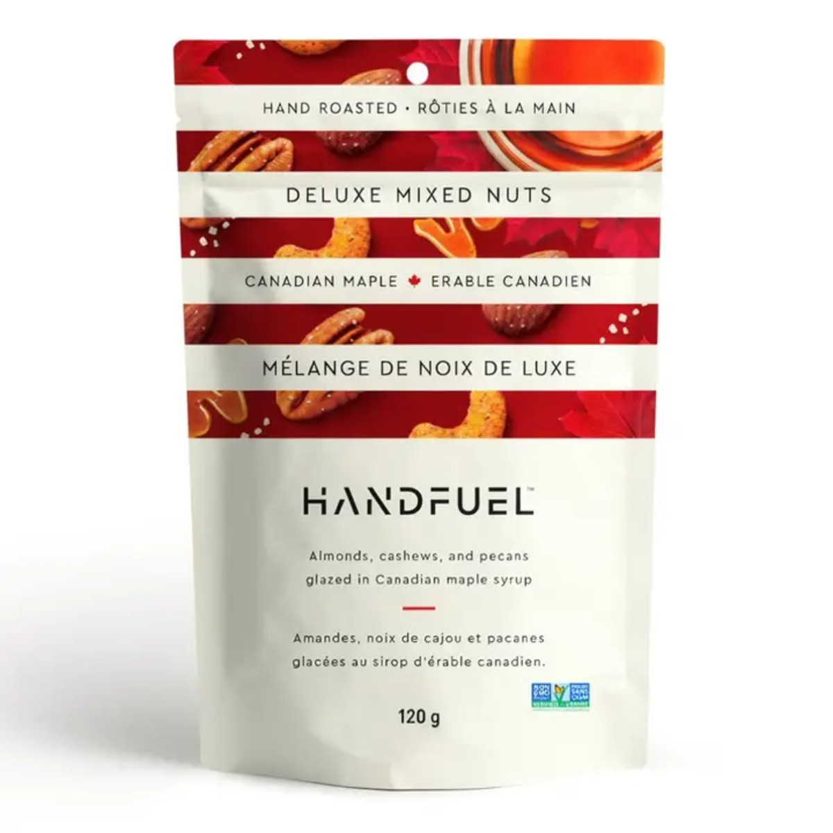 a bag of handfeul hand roasted Canadian maple deluxe mixed nuts with an image of maple syrup and mixed nuts against a white background