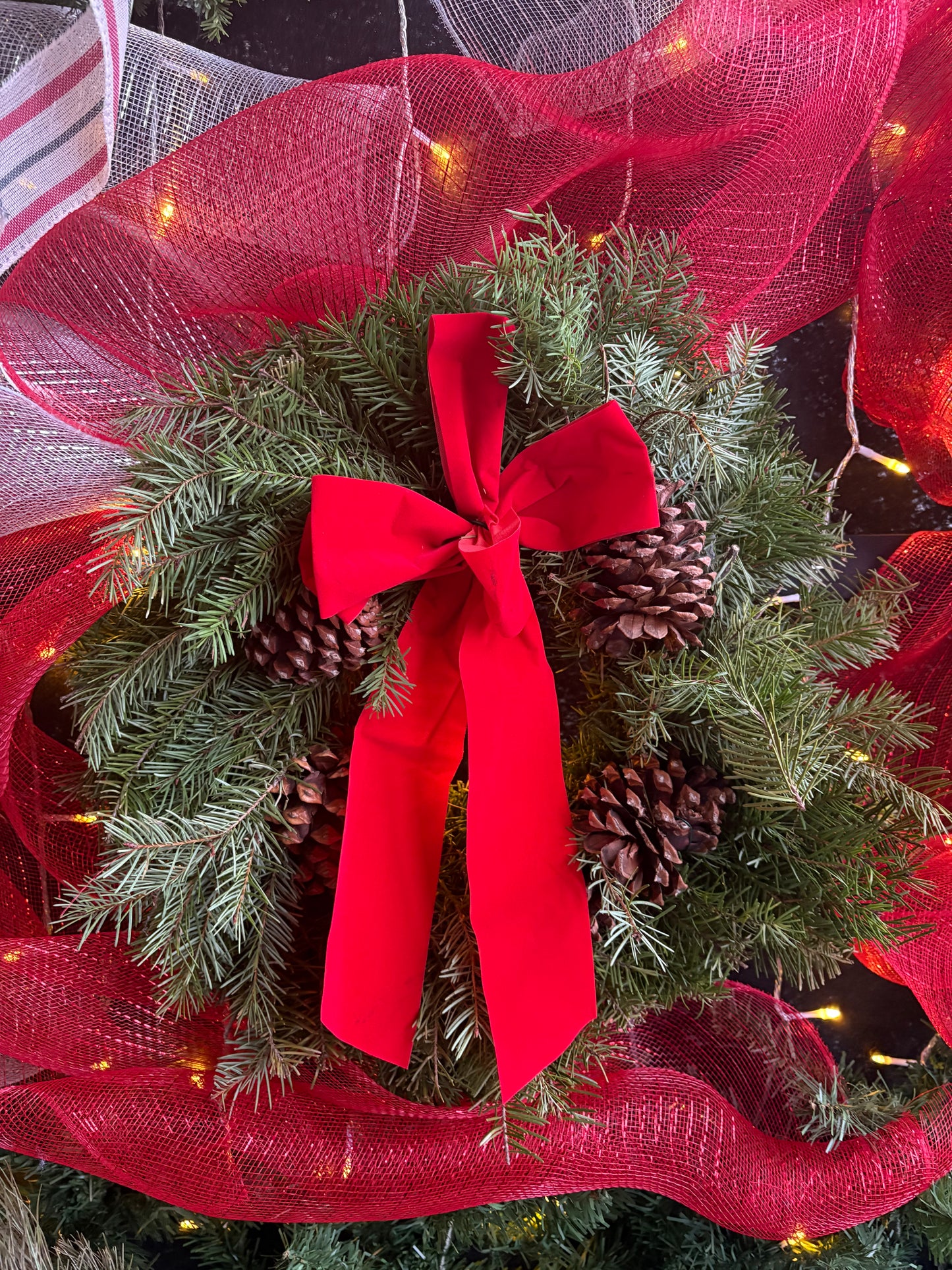 Christmas Douglas Fir Pro wreath with red ribbon and pine cones on a red mesh background