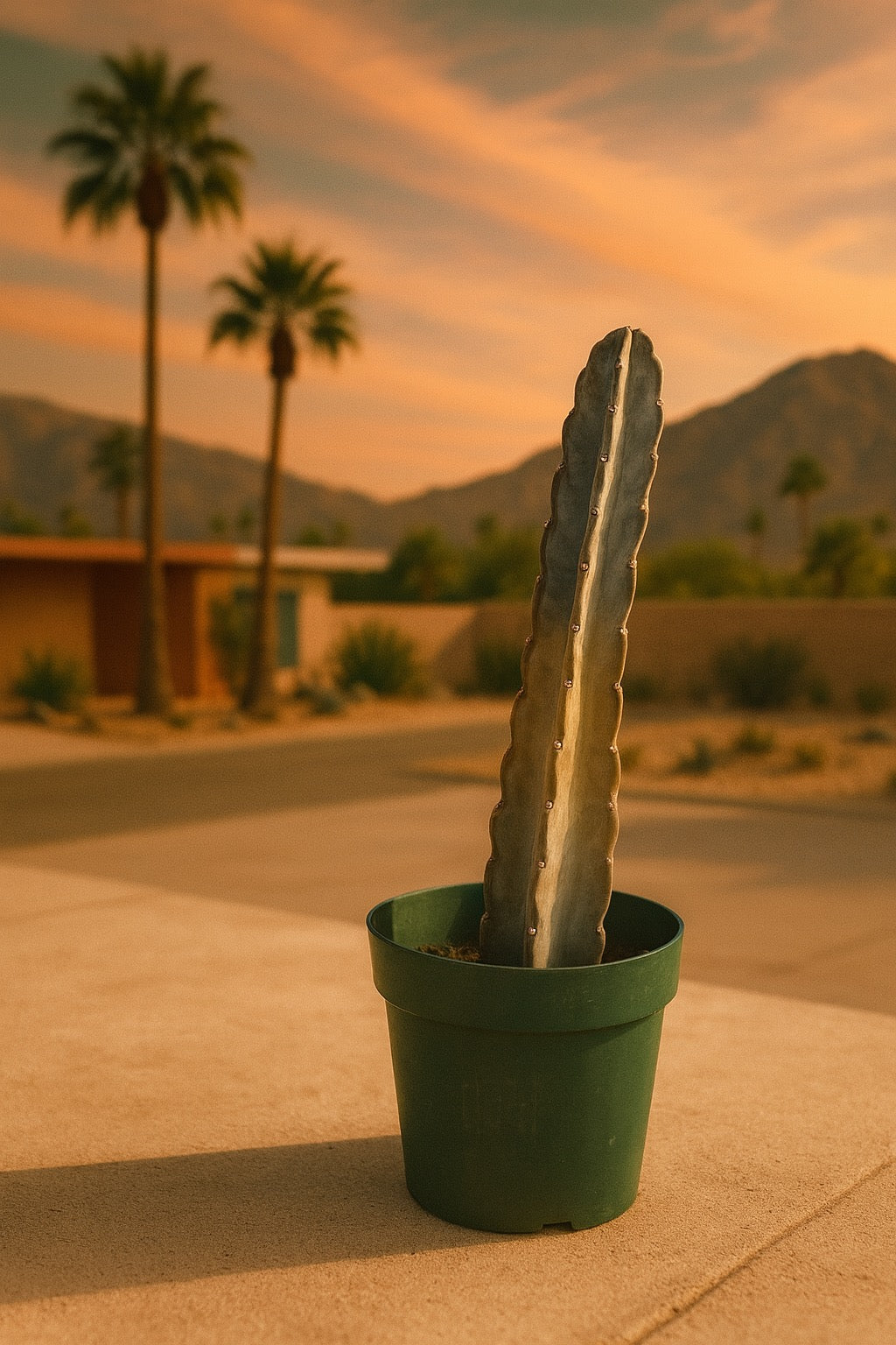 Cereus jamacaru ‘Cuddly’ Cactus sitting in a green nursery pot with a sunset Palm Springs background with orange tones and a moody look with two palm trees and a blurbed house and mountains in the background
