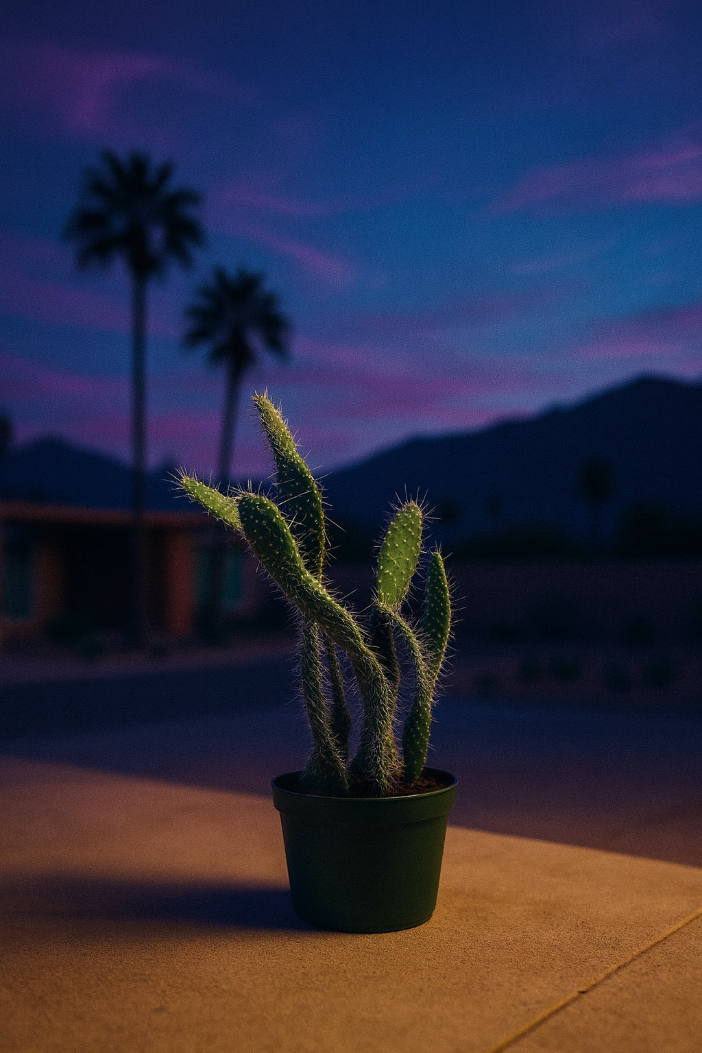 Opuntia Cactus – Prickly Pear sitting in a green nursery pot in a desert Palm Springs setting at sunset with deep blue and pink skies above a blurred background of mountains and palm trees near a 70's style home
