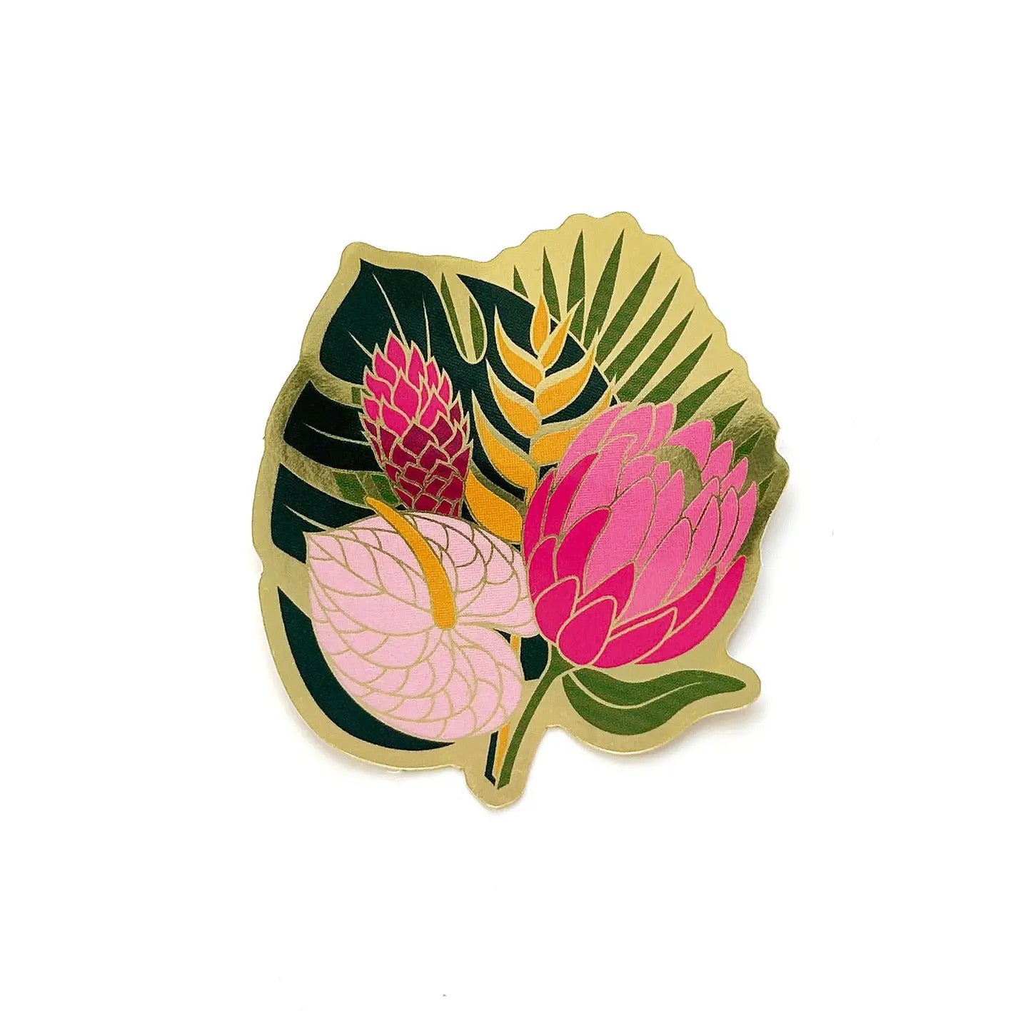 Decorative sticker with pink flowers and green leaves on a white background