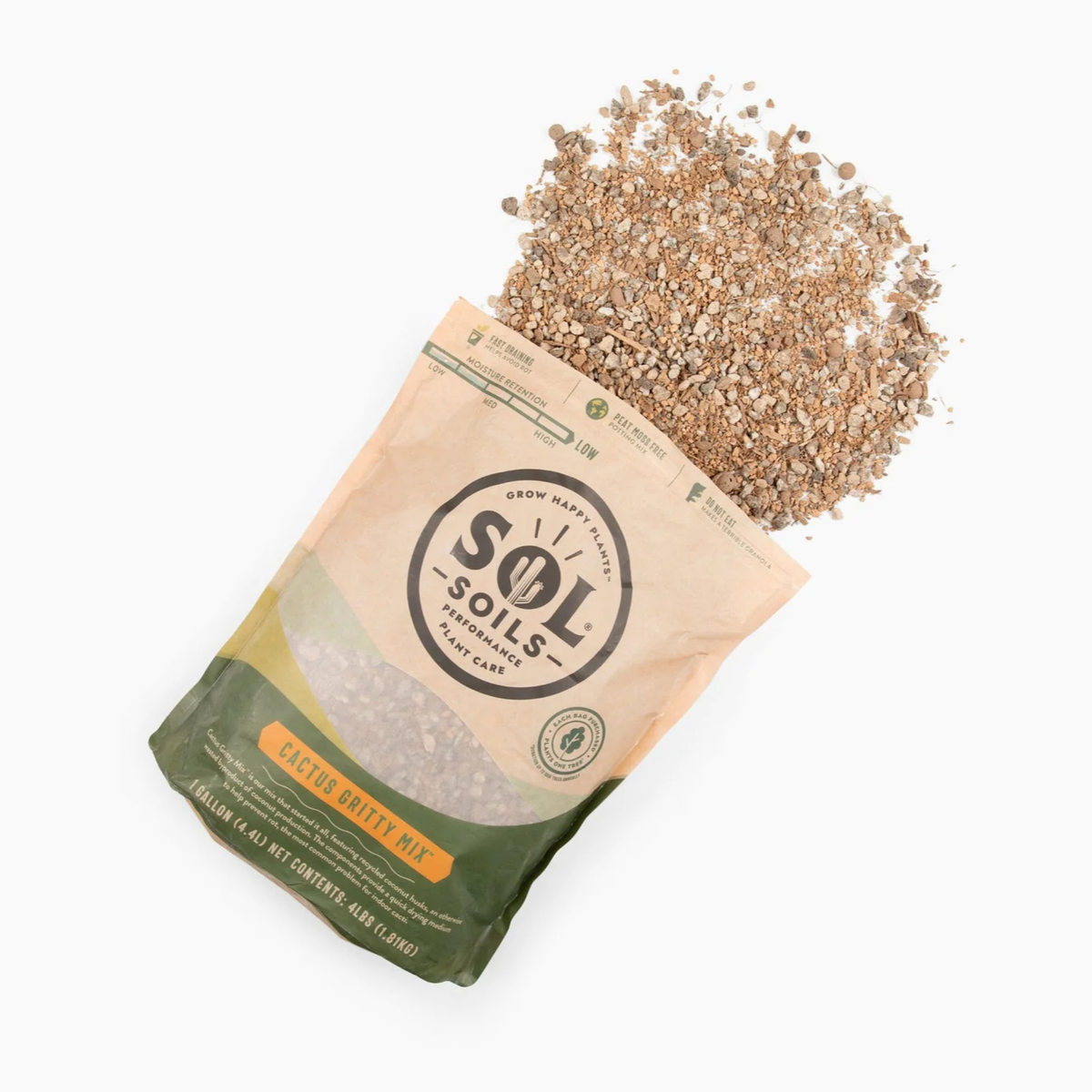 a tan bag of sol soils cactus gritty mix laying down with its content spilled onto the white background