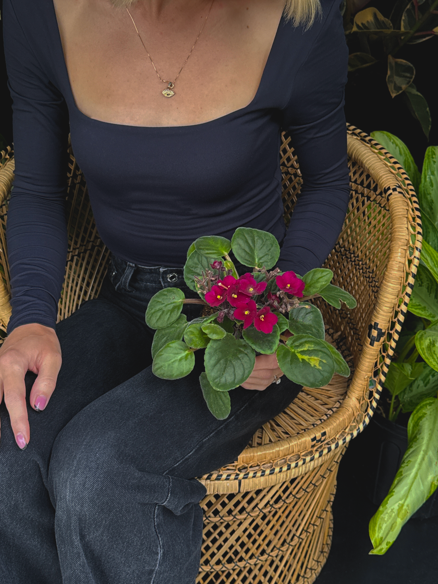 Person sitting on a wicker chair holding a potted African Violet plant with pink flowers.