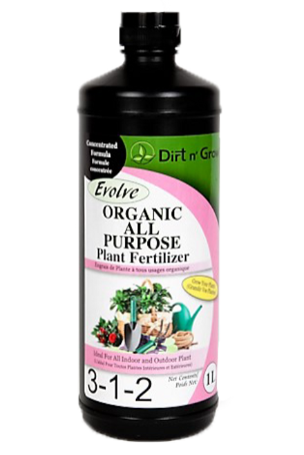 Bottle of Dirt 'n' Gro's Evolve Organic All Purpose Plant Fertilizer on a white background