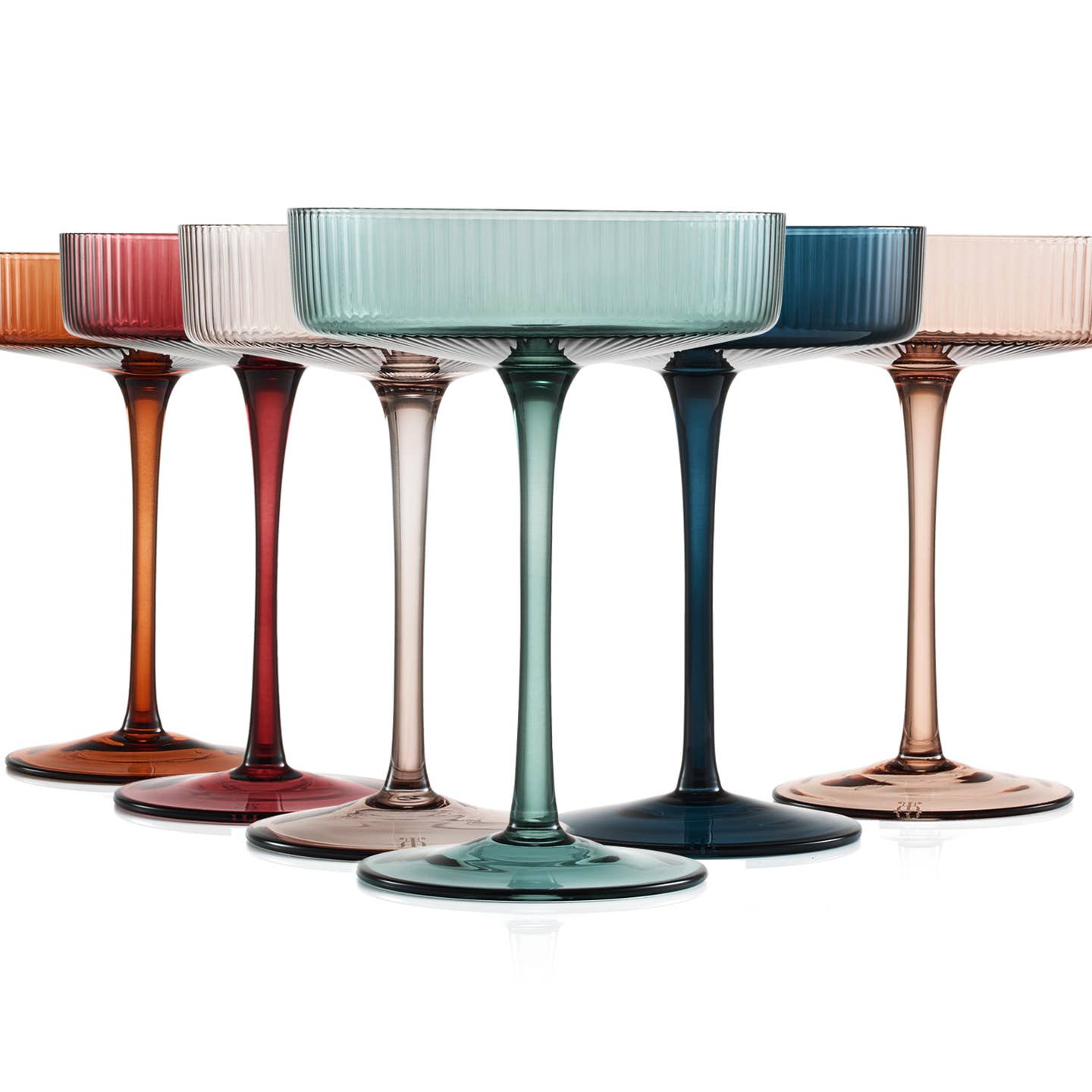 A set of six Art Deco ribbed pastel colored cocktail glasses, including glasses with ribbed patterns in different colors.