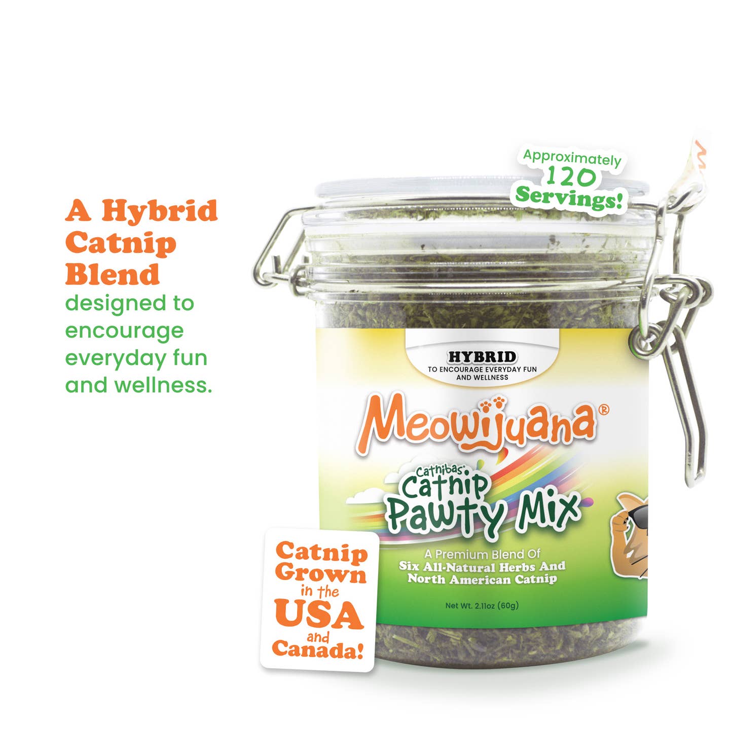 A jar of Meowijuana Catnip Pawty Mix, featuring a label with product details and a tag indicating that it's a hybrid catnip blend. The jar is sealed with a clasp closure and has a green and yellow color scheme.
