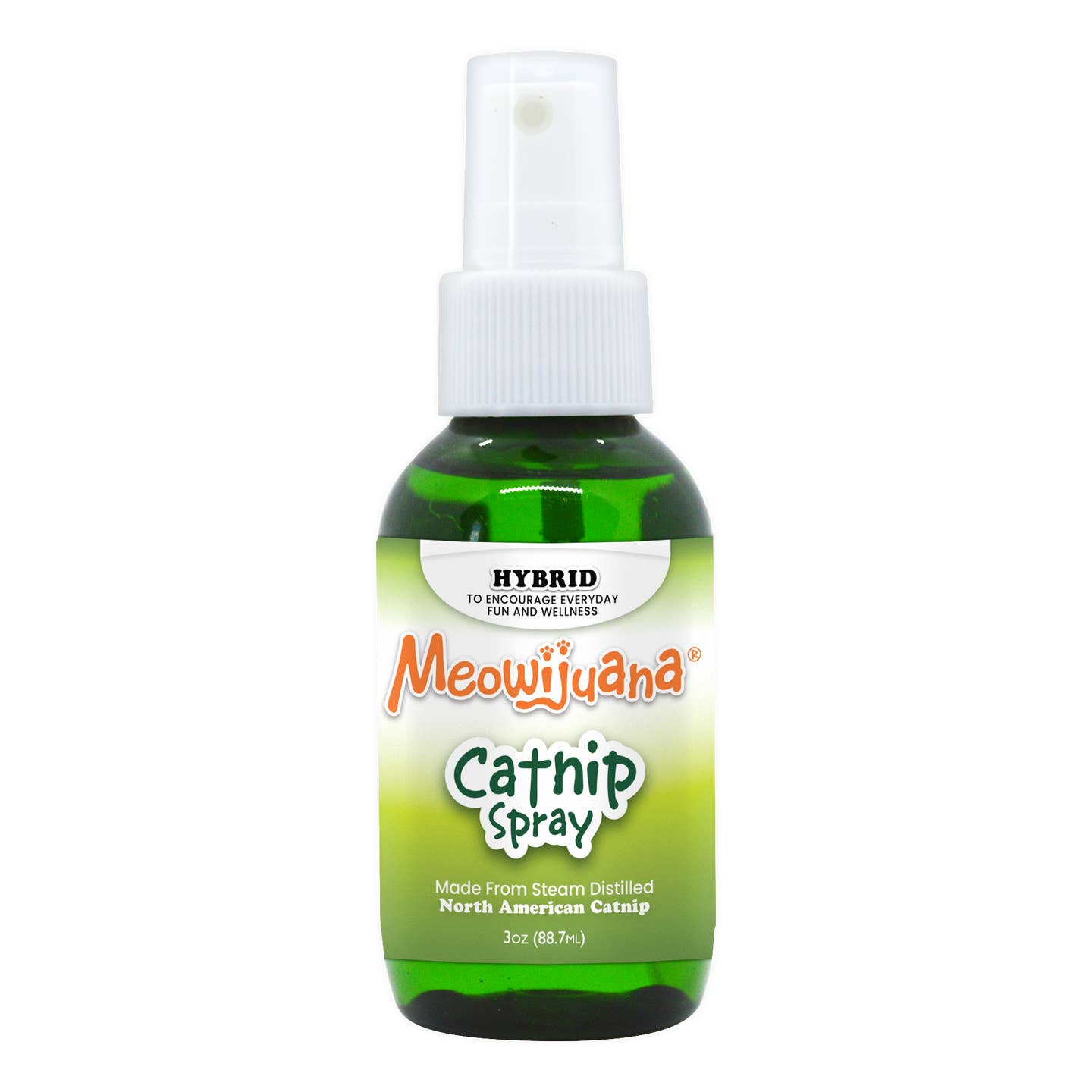 A bottle of Meow Cannabis Catnip Spray with a green label and white spray nozzle.