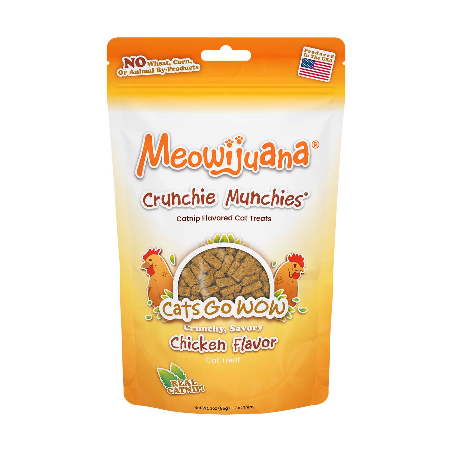 Packaging of Meowijuana Crunchie Munchie Catnip Treats with Chicken Flavor. The bag is orange with product information and branding visible.