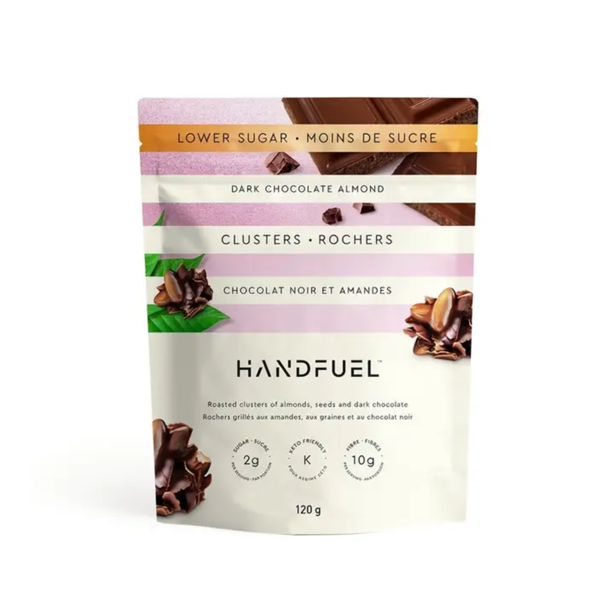 a bag of handfeul lower sugar dark chocolate almond cluster with an image of chocolate and almonds against a white background