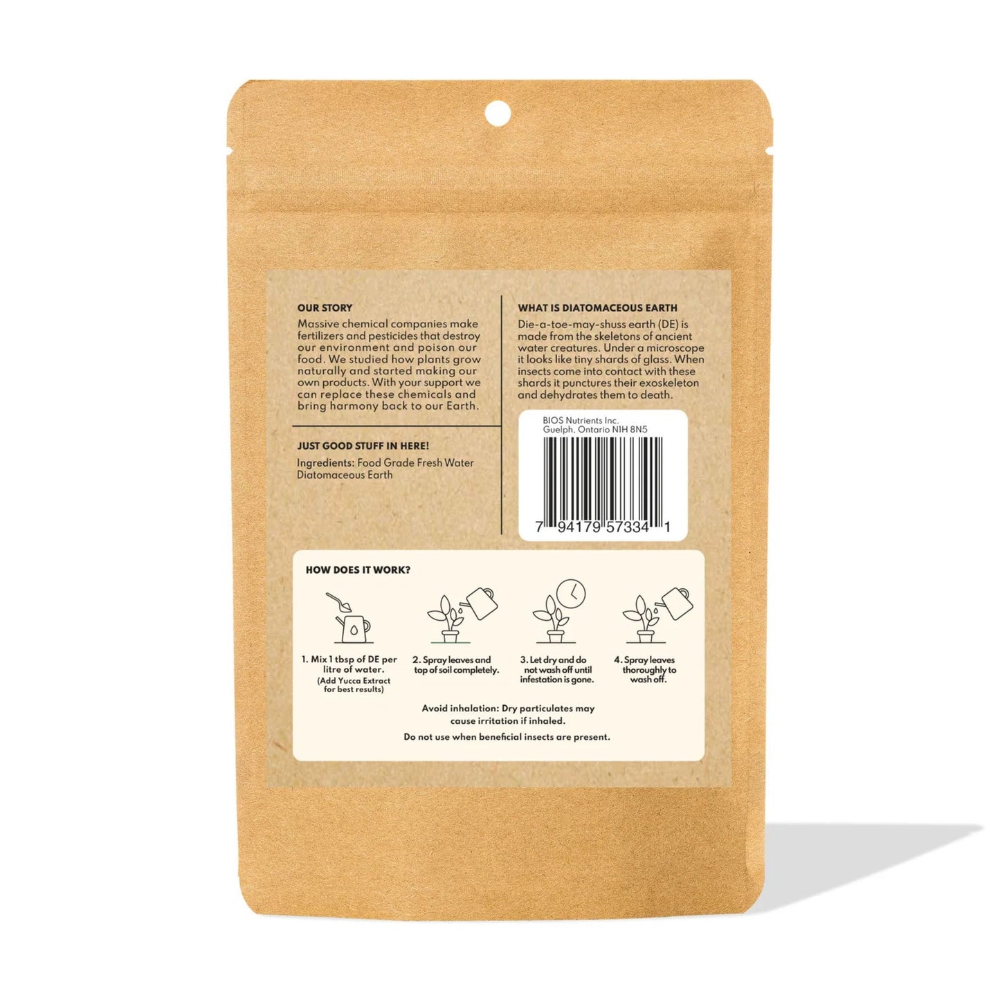 Kraft paper packaging with diatomaceous earth product information on a white background