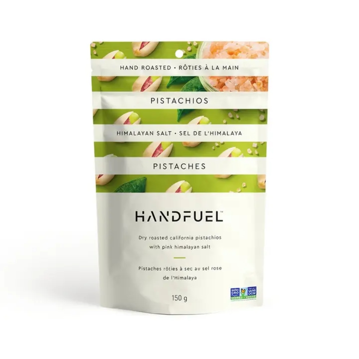 a bag of handfeul hand roasted Himalayan salt pistachios with an image of a bowl of Himalayan salt and pistachios against a white background