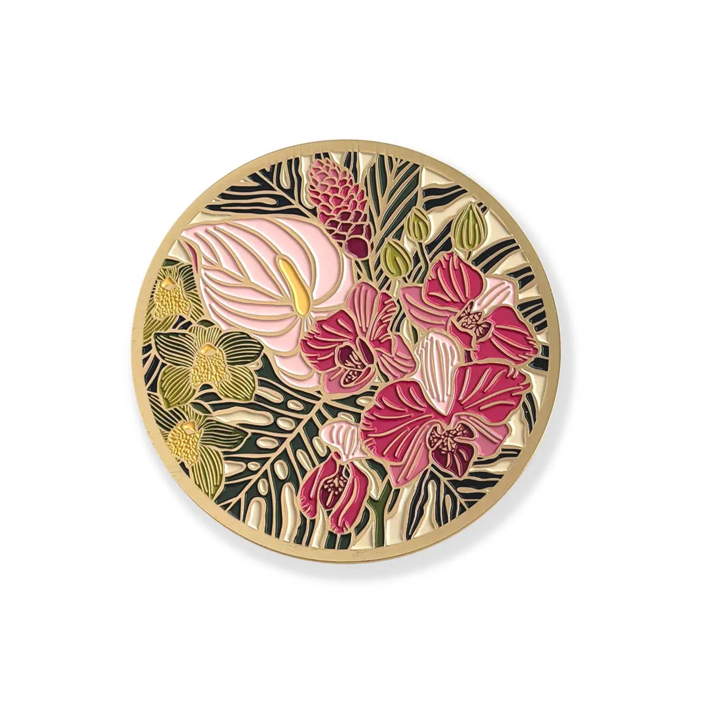 a gold plated coaster featuring an exotic floral design against a white background
