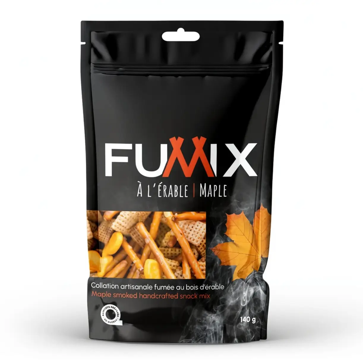 a black package of fumix maple with an image of mixed salty snacks and a maple leaf with the package against white background