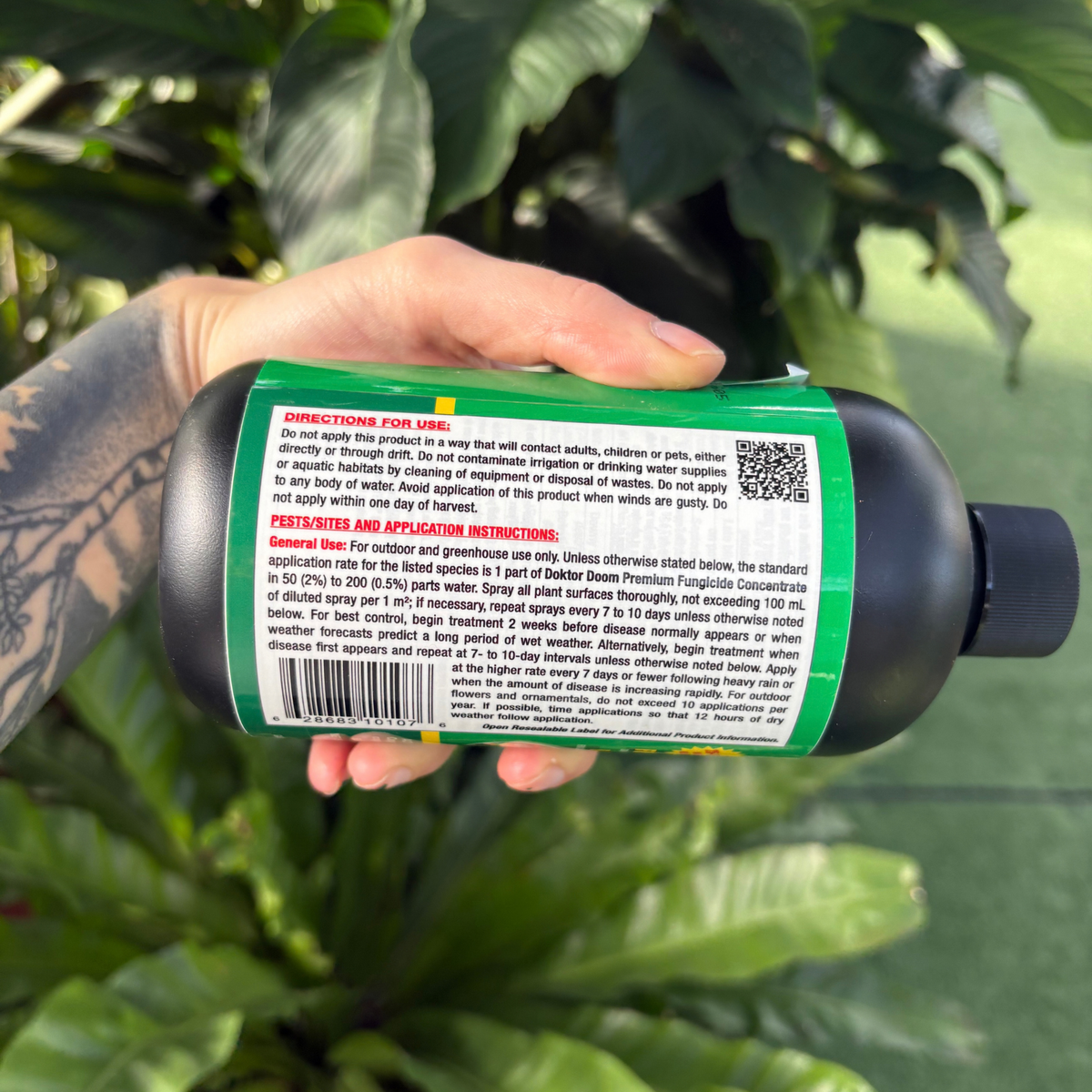 a person holding a black package with a label describing directions for use and ingredients of the product with many tropical plants in the background