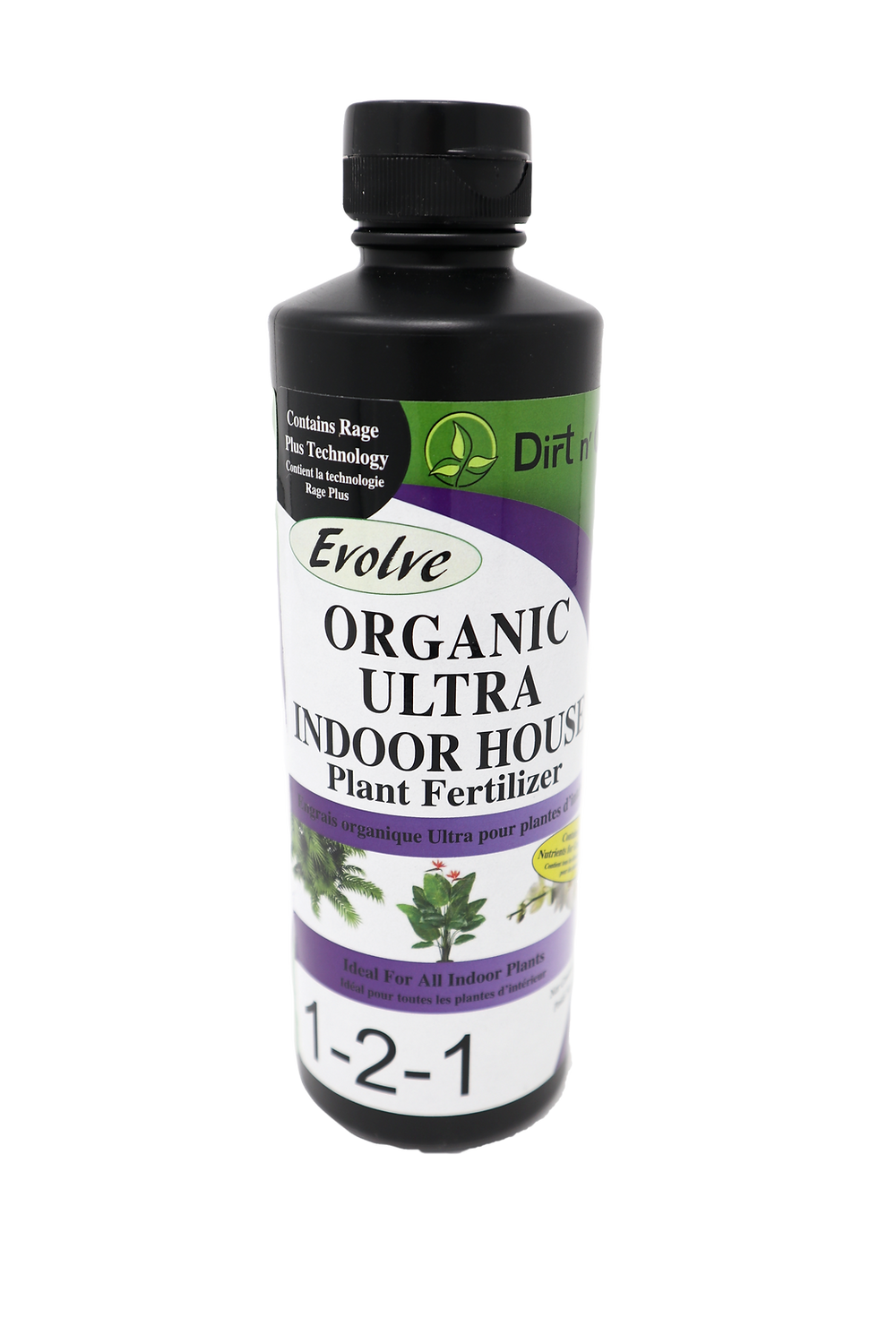 Bottle of Evolve Organic Ultra Indoor Houseplant Fertilizer on a white background