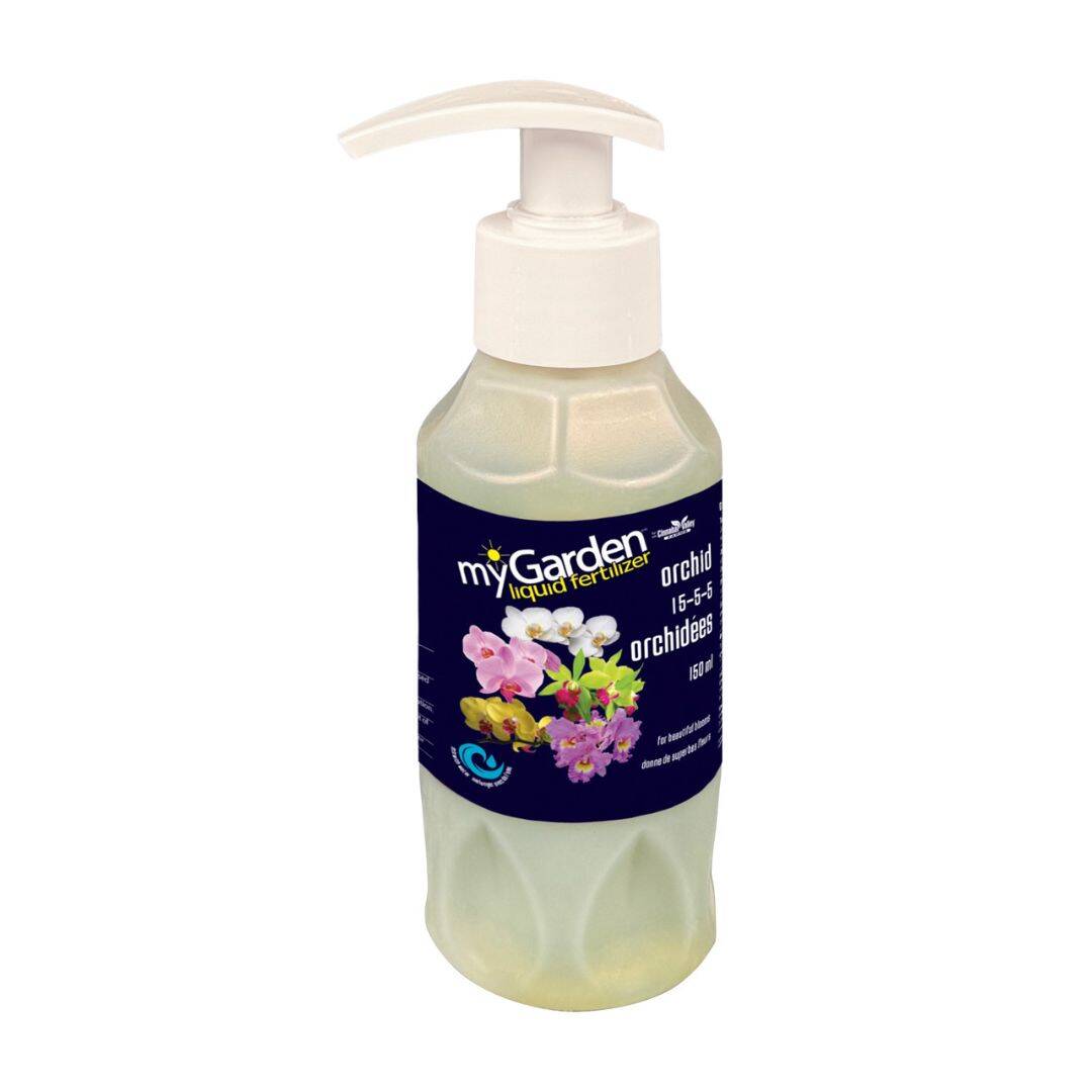 A bottle of myGarden liquid orchid fertilizer with a pump dispenser, labeled with the product information.