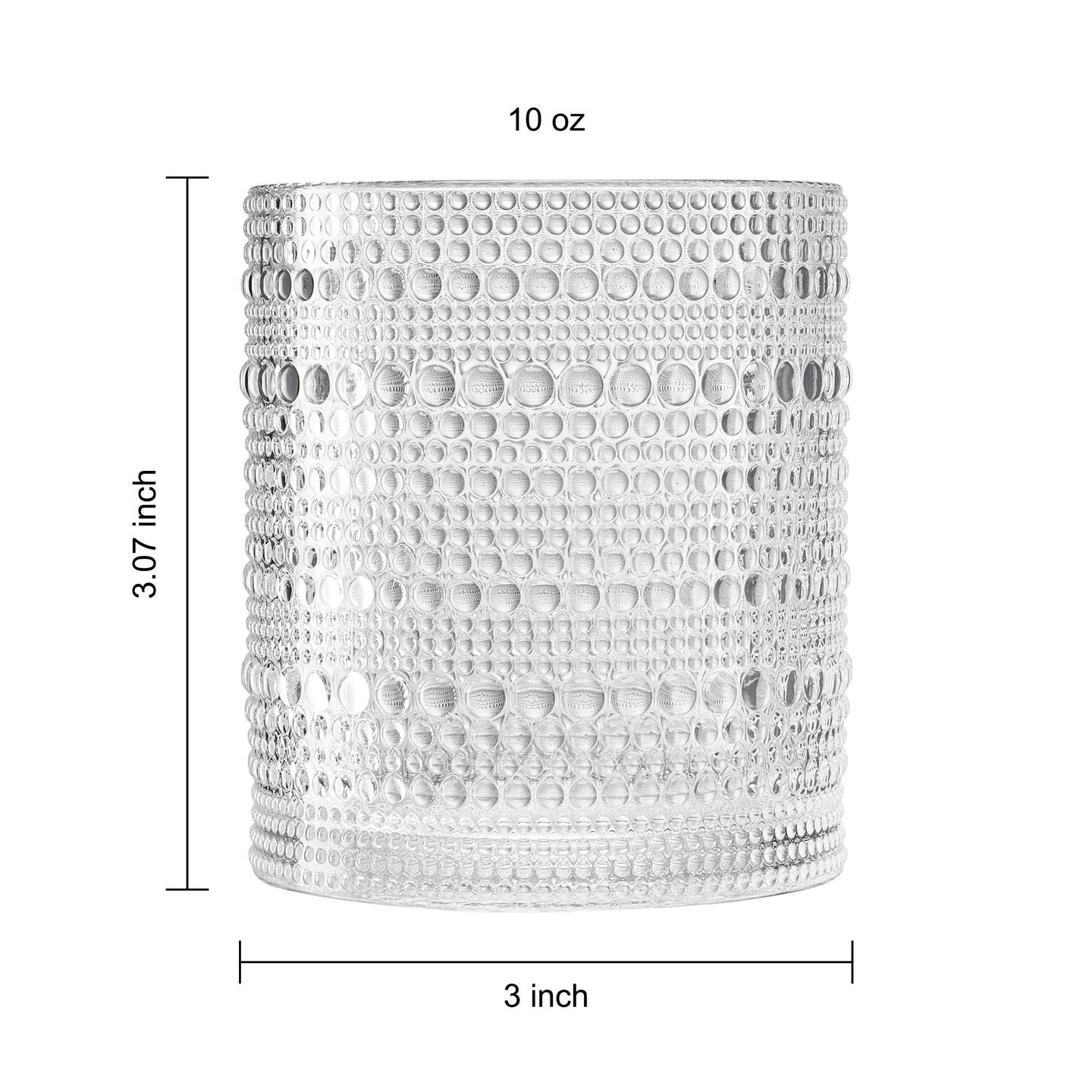 a clear textured plastic lowball cups with measurement details against a white background