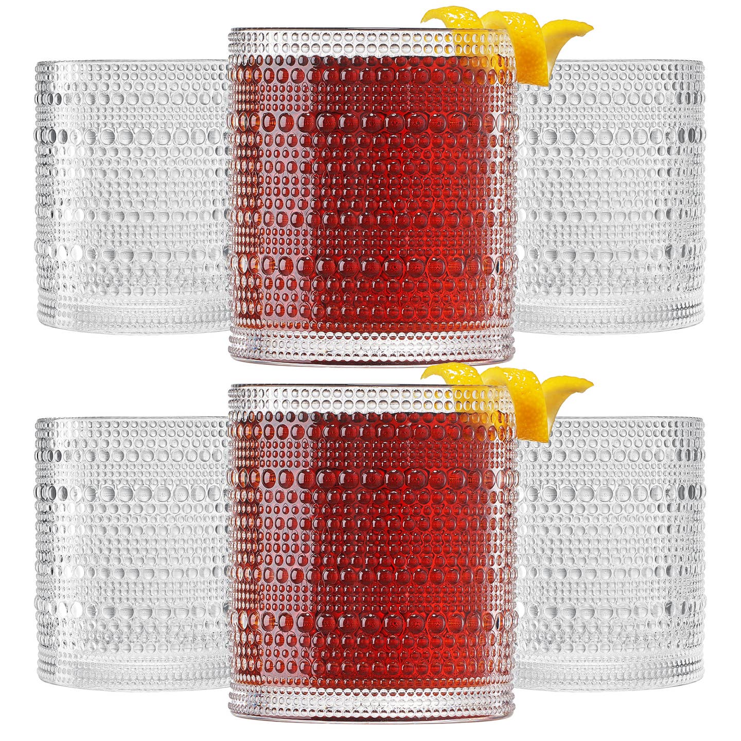 two sets of three clear ups with the front one filled with red liquid