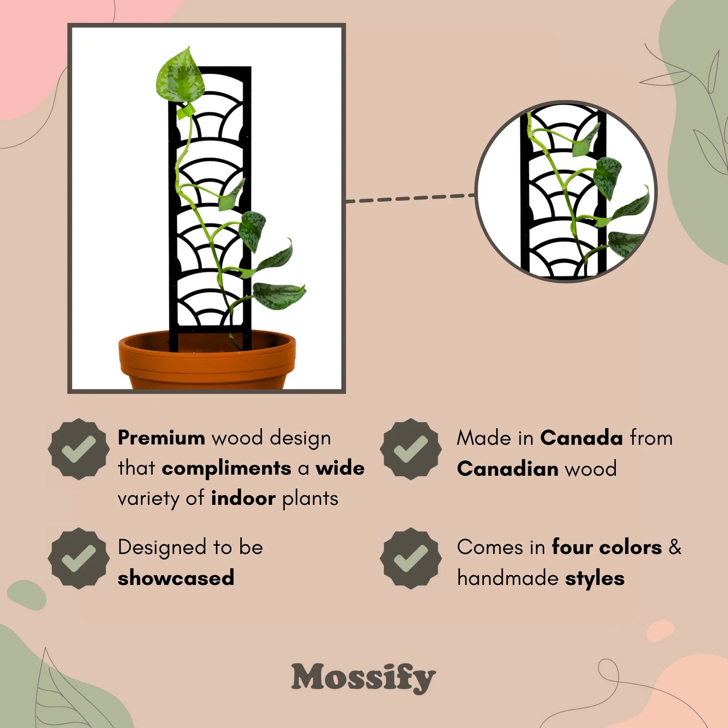 Product description of a plant trellis with features and branding on a beige background