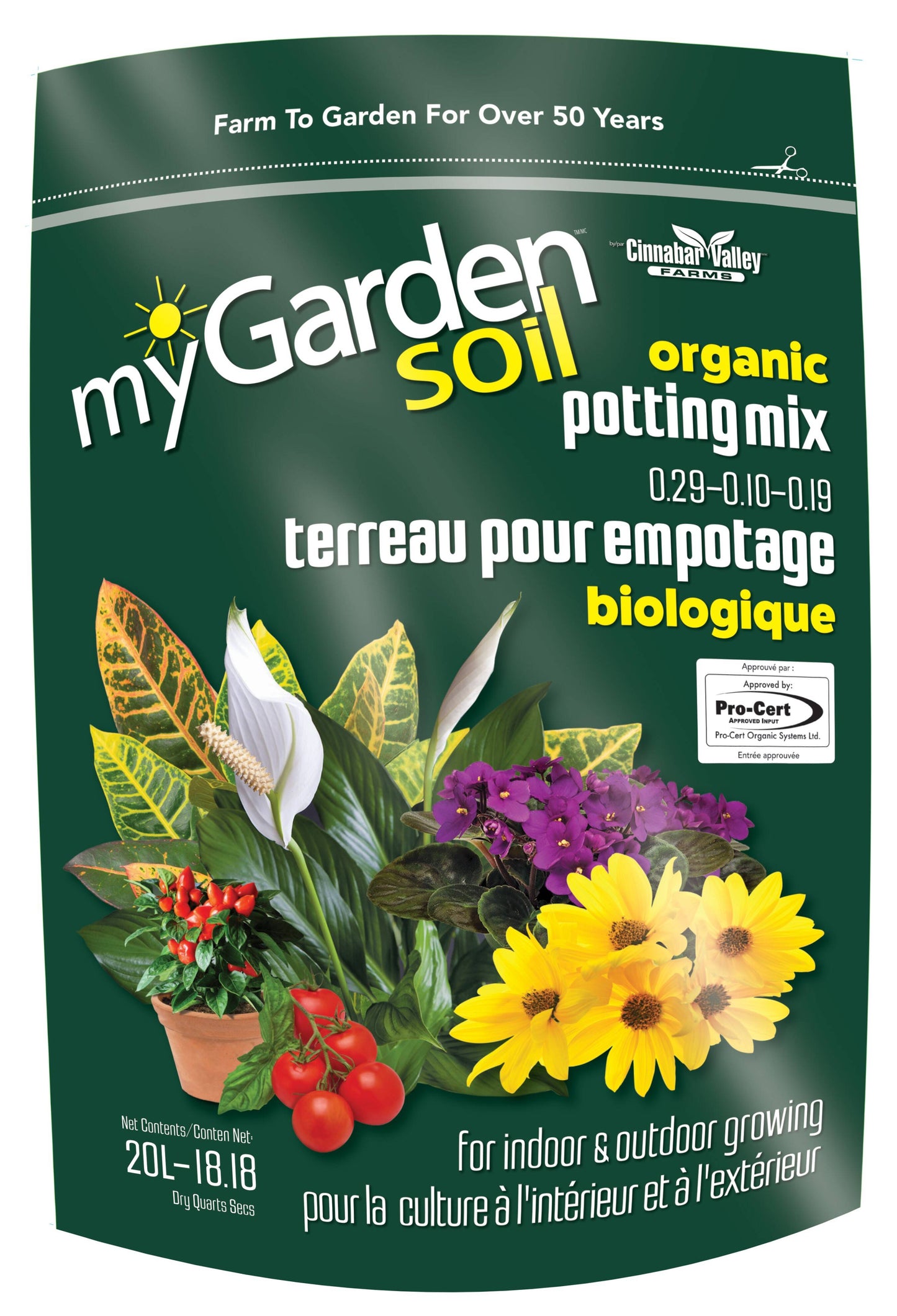 A bag of myGarden organic potting mix soil, indicating it is suitable for indoor and outdoor growing.