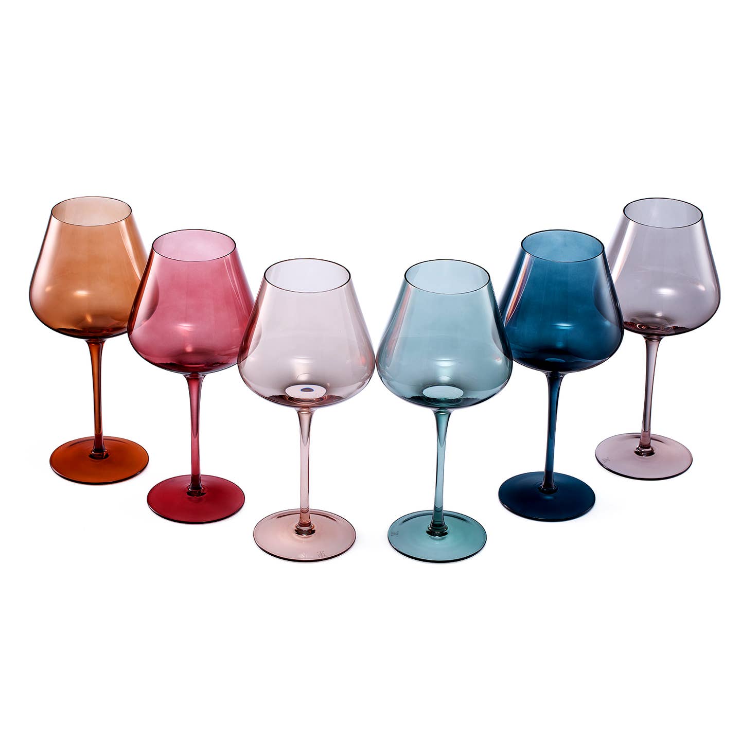 six pastel coloured wine glasses with a white background
