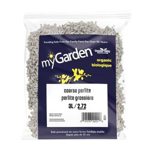 A package of myGarden brand coarse perlite for orchids and other plants, showing the product within a clear plastic bag with a blue and white label.