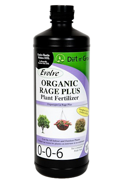 Bottle of Dirt n' Grime Evolve Organic Rage Plus Plant Fertilizer on a white background