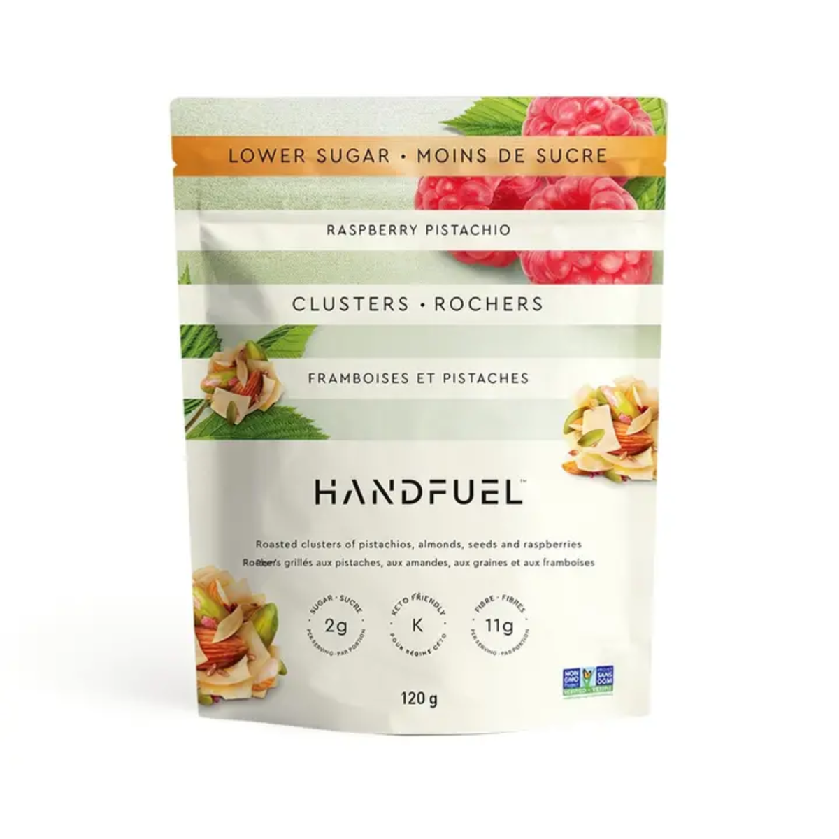 a bag of handfeul lower sugar raspberry pistachio clusters with an image of raspberries and pistachios against a white background