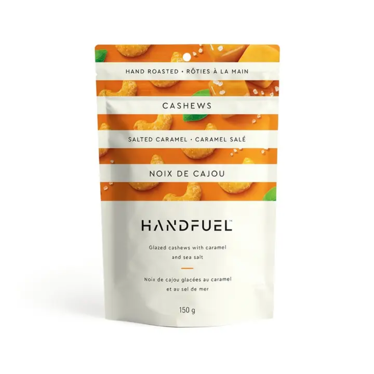 a bag of handfeul hand roasted salted caramel cashews with an image of caramel squares and cashews against a white background