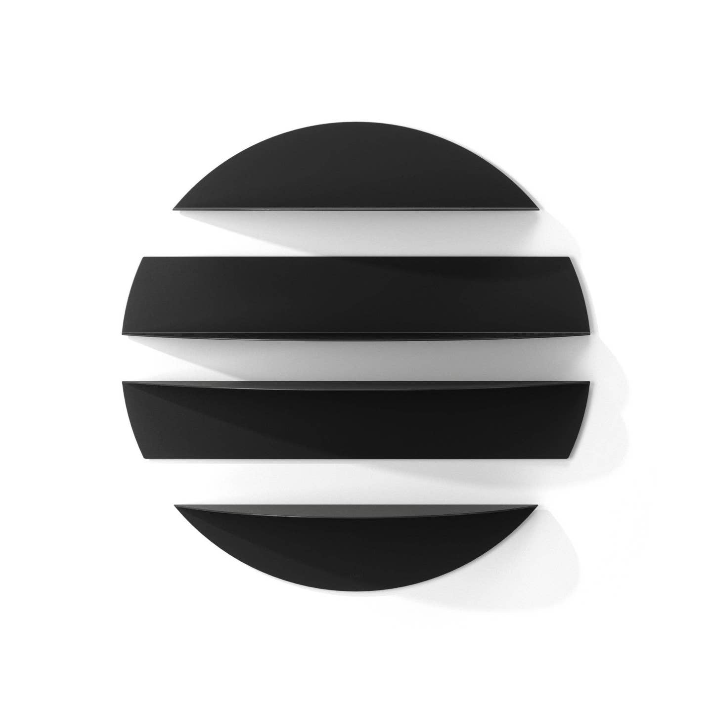 A set of four black and white Solis wall shelves mounted on a wall, with a circular design where two large shelves are accompanied by two smaller ones, allowing for versatile arrangement.