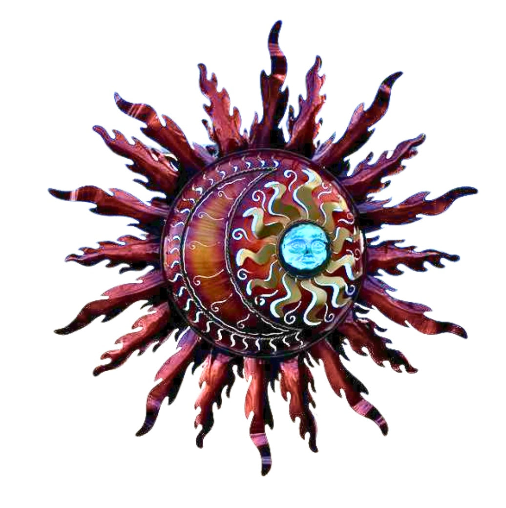 A decorative sculpture of a sun with moon inside the center and multiple rays extending from the center, with a vibrant red and brown color palette.