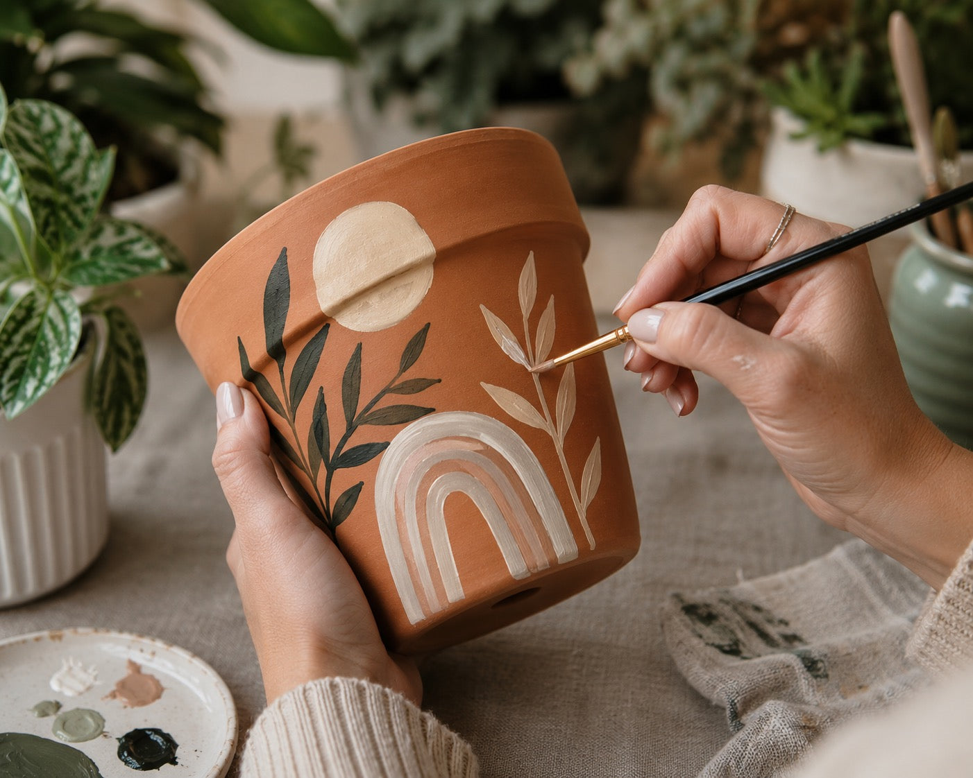 a image of a person painting a terracotta pot with white leaves with plants in the background