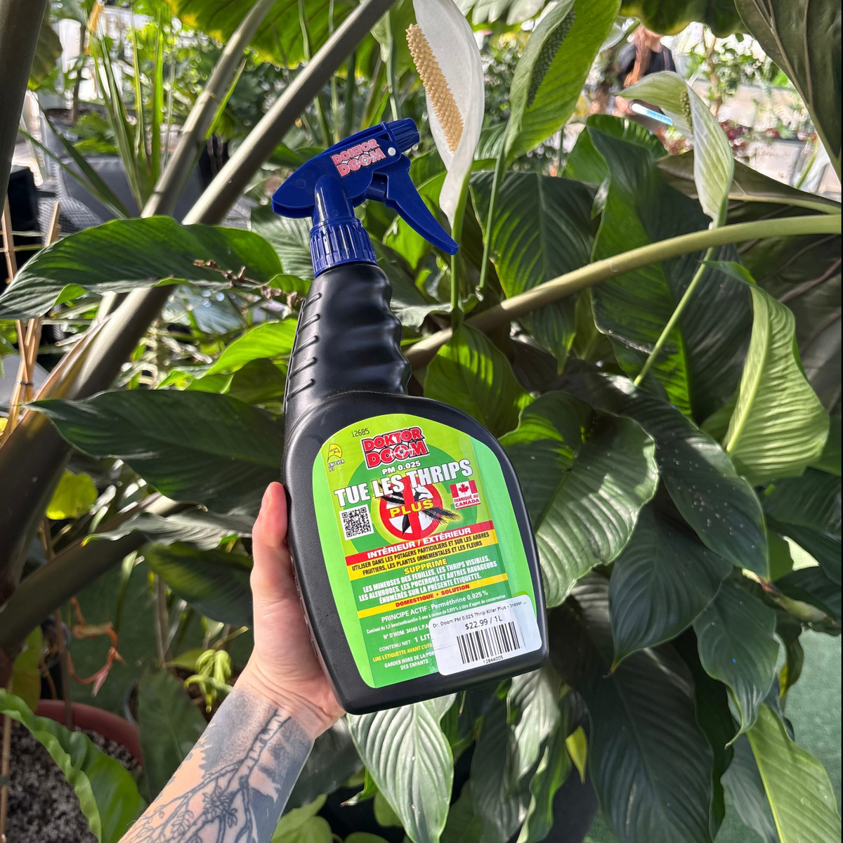a person holding a black spray bottle with a green label showing the back of the product and the product details in French with many tropical plants in the background