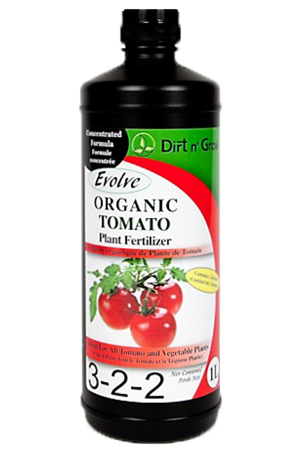 Bottle of Dirt 'n Green Evolve Organic Tomato Plant Fertilizer on a white background