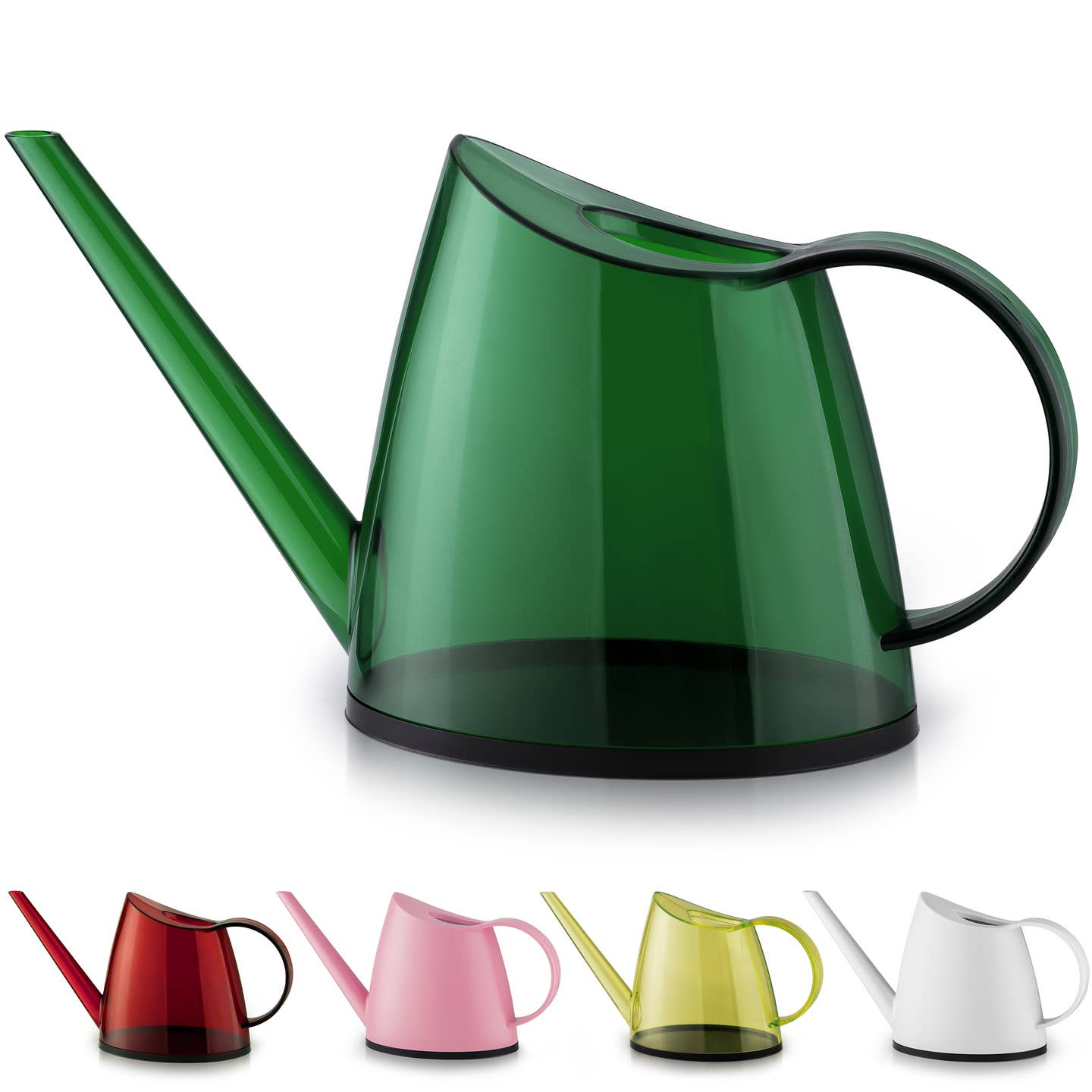 a green translucent watering can against a white background