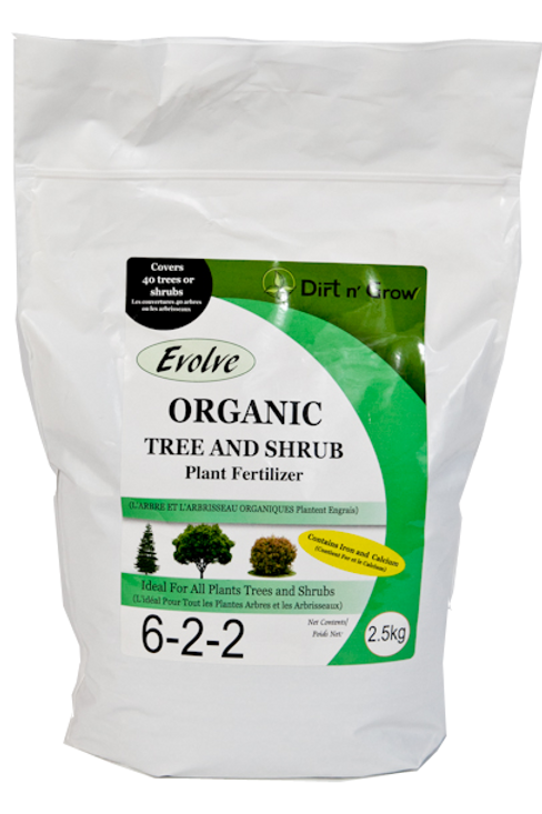 Bag of Evolve Organic Tree and Shrub Plant Fertilizer with green label on white background