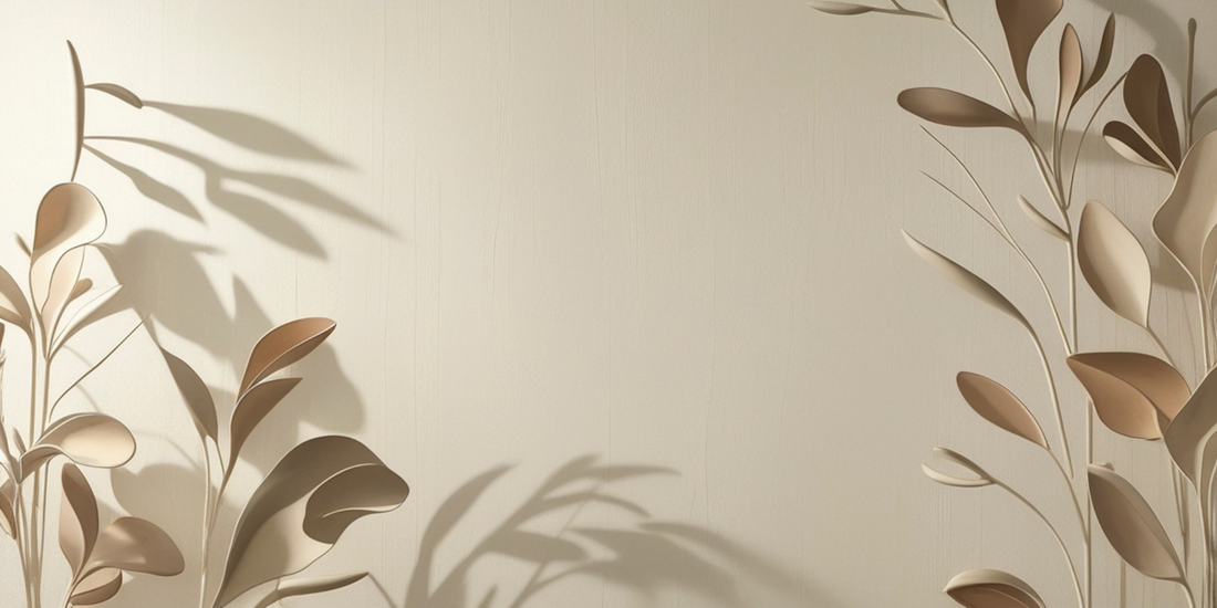 a beige wall with beige plants infront of the wall casting shadows