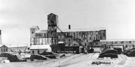 a black and white image of the historic Galt mine in Lethbridge Alberta