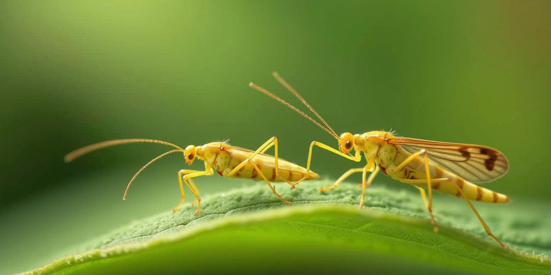 close up of thrip pest bugs on green leaf with green background