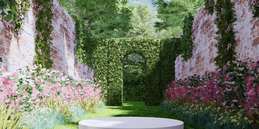 outdoor magical garden with brightly coloured flowers and trimmed hedges