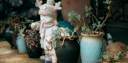 shelf with houseplants and a decorative winter figurine