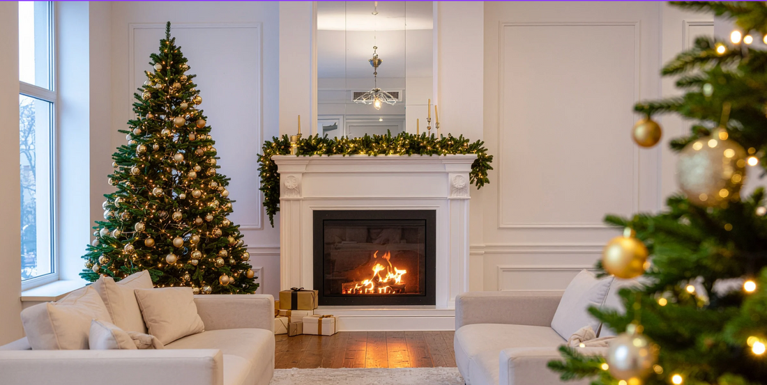 an all white living room featuring a central fireplace with a christmas garland and two christmas trees